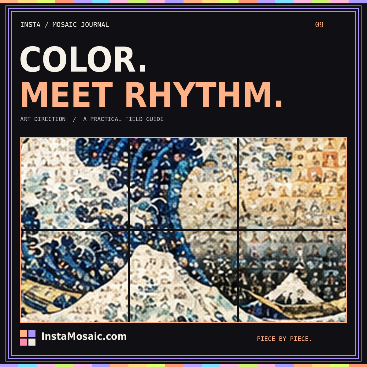 COLOR. MEET RHYTHM. — art direction typography over a photo-tile mosaic collage