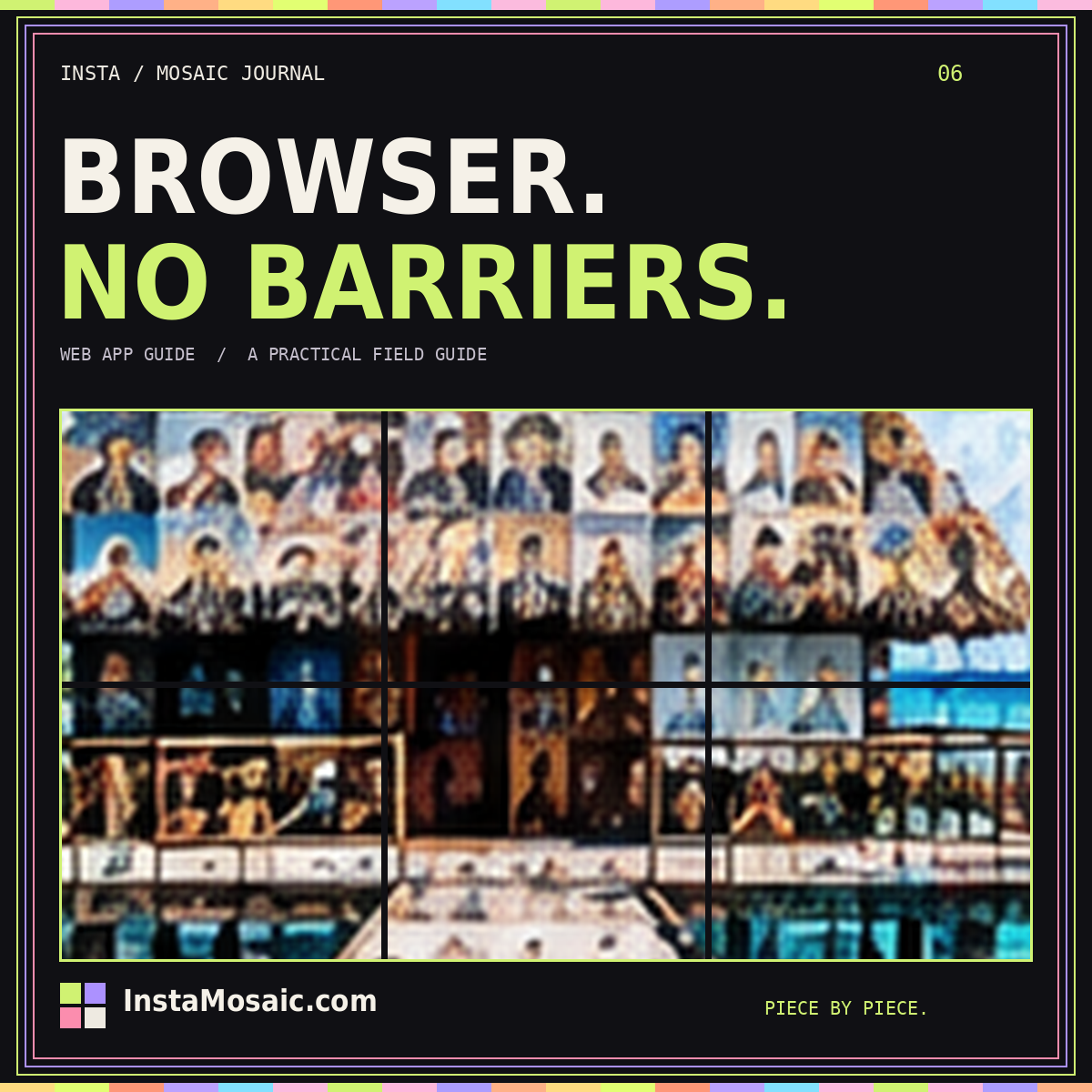 BROWSER. NO BARRIERS. — web app guide typography over a photo-tile mosaic collage