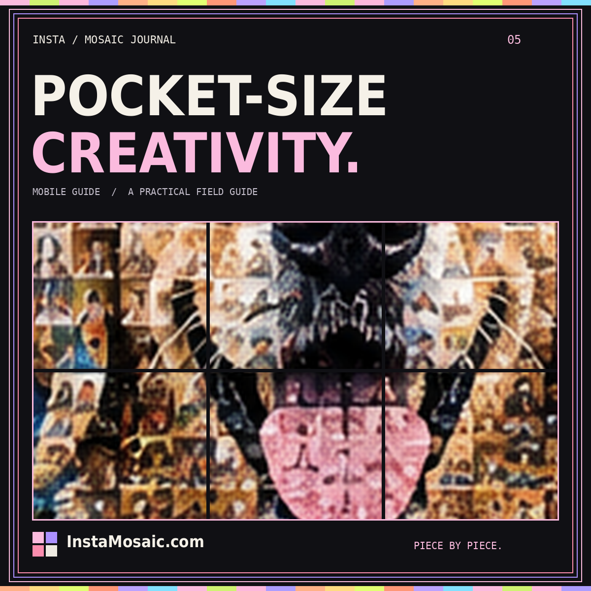 POCKET-SIZE CREATIVITY. — mobile guide typography over a photo-tile mosaic collage