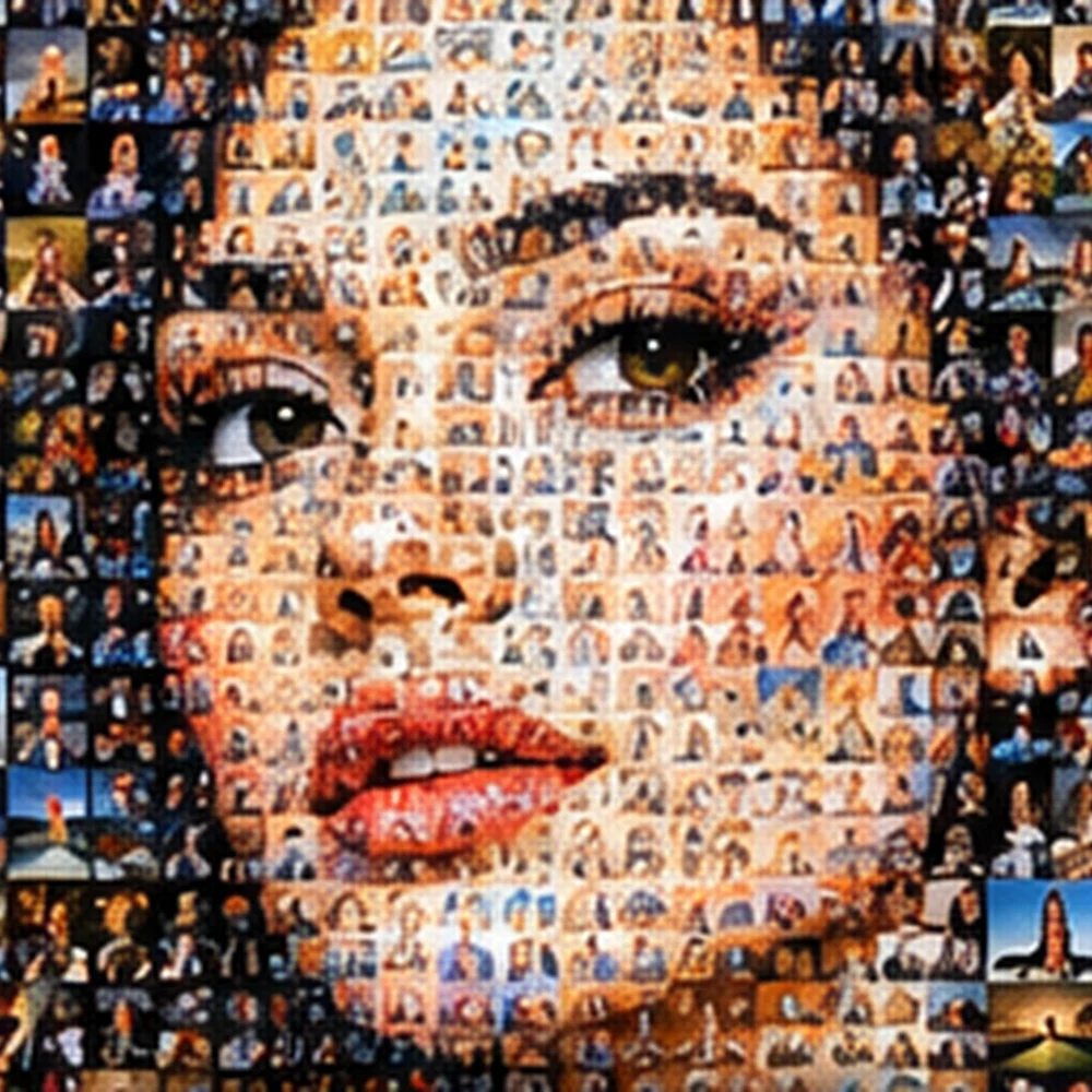 Expressive portrait composed of hundreds of tiny photographic mosaic tiles